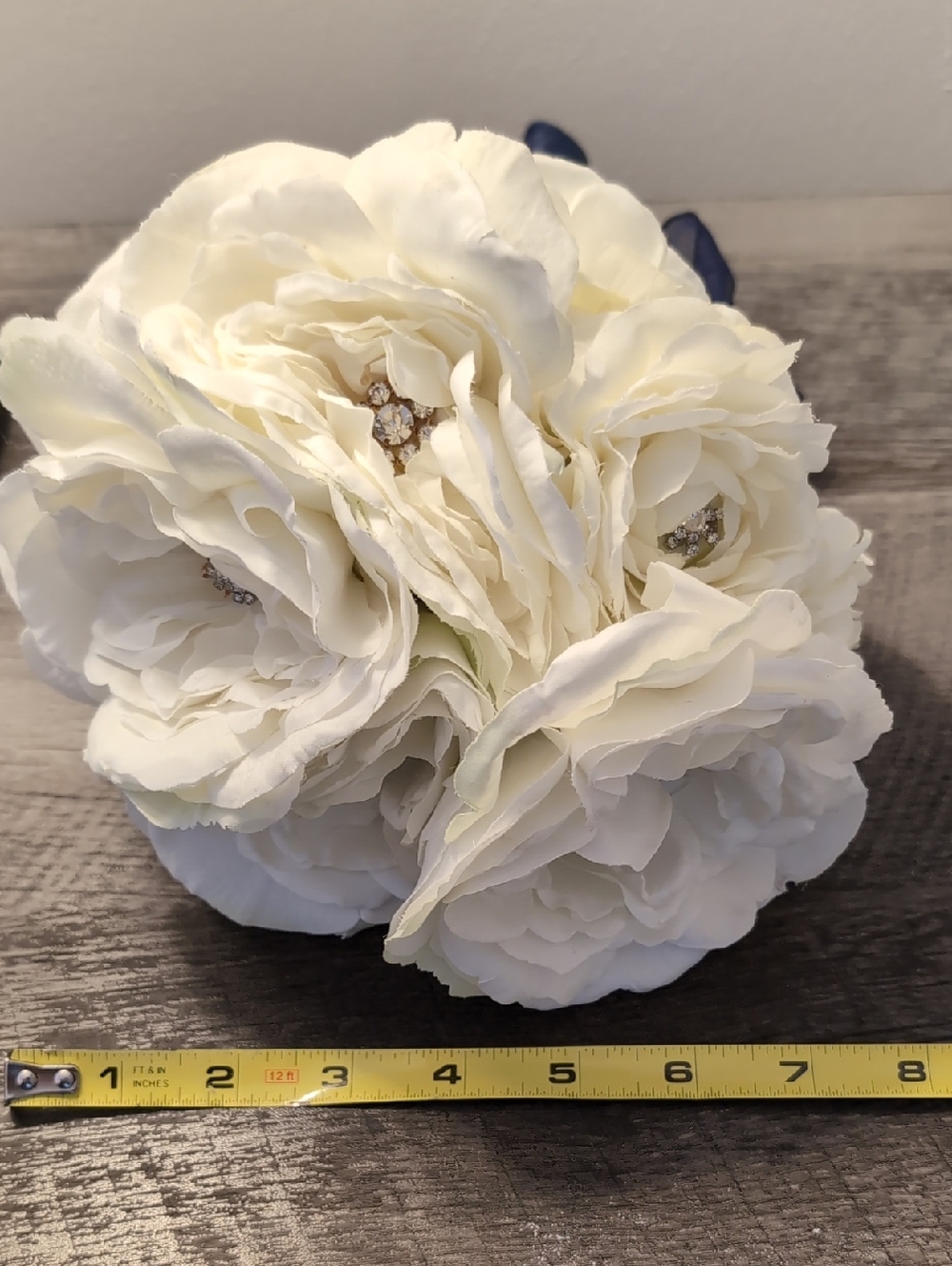 Artificial Bridal Bouquet - White Peony with Sparkles & Navy Blue Ribbon Handle - Picture 10 of 10
